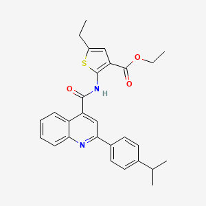 molecular formula C28H28N2O3S B11656498 Ethyl 5-ethyl-2-[({2-[4-(propan-2-yl)phenyl]quinolin-4-yl}carbonyl)amino]thiophene-3-carboxylate 