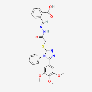 molecular formula C27H25N5O6S B11657284 2-{(E)-[2-({[4-phenyl-5-(3,4,5-trimethoxyphenyl)-4H-1,2,4-triazol-3-yl]sulfanyl}acetyl)hydrazinylidene]methyl}benzoic acid 