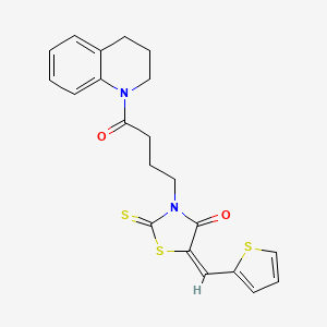 molecular formula C21H20N2O2S3 B11657454 (5E)-3-[4-(3,4-Dihydro-1(2H)-quinolinyl)-4-oxobutyl]-5-(2-thienylmethylene)-2-thioxo-1,3-thiazolidin-4-one 