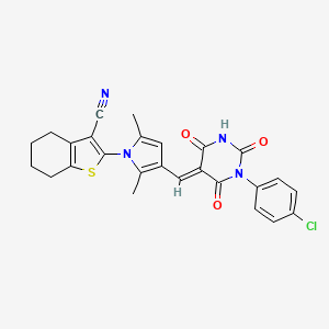 2-[3-[(E)-[1-(4-chlorophenyl)-2,4,6-trioxo-1,3-diazinan-5-ylidene]methyl]-2,5-dimethylpyrrol-1-yl]-4,5,6,7-tetrahydro-1-benzothiophene-3-carbonitrile