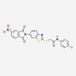 molecular formula C23H13FN4O5S2 B11657476 N-(4-fluorophenyl)-2-{[6-(5-nitro-1,3-dioxo-1,3-dihydro-2H-isoindol-2-yl)-1,3-benzothiazol-2-yl]sulfanyl}acetamide 