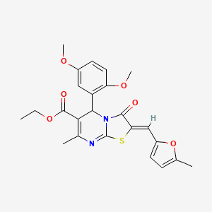 molecular formula C24H24N2O6S B11657509 ethyl (2Z)-5-(2,5-dimethoxyphenyl)-7-methyl-2-[(5-methylfuran-2-yl)methylidene]-3-oxo-2,3-dihydro-5H-[1,3]thiazolo[3,2-a]pyrimidine-6-carboxylate 