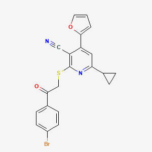 molecular formula C21H15BrN2O2S B11657553 2-{[2-(4-Bromophenyl)-2-oxoethyl]sulfanyl}-6-cyclopropyl-4-(furan-2-yl)pyridine-3-carbonitrile 