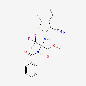 molecular formula C19H18F3N3O3S B11657565 Propanoic acid, 2-benzoylamino-2-(3-cyano-4-ethyl-5-methyl-2-thienylamino)-3,3,3-trifluoro-, methyl ester 