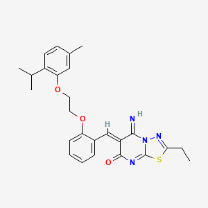 molecular formula C26H28N4O3S B11657725 (6Z)-2-ethyl-5-imino-6-(2-{2-[5-methyl-2-(propan-2-yl)phenoxy]ethoxy}benzylidene)-5,6-dihydro-7H-[1,3,4]thiadiazolo[3,2-a]pyrimidin-7-one 