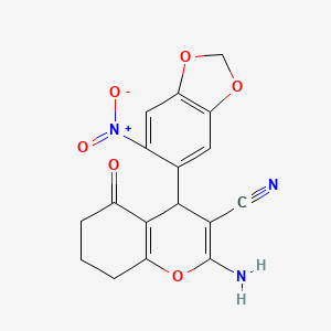 molecular formula C17H13N3O6 B11657729 2-Amino-4-(6-nitrobenzo[d][1,3]dioxol-5-yl)-5-oxo-5,6,7,8-tetrahydro-4H-chromene-3-carbonitrile 