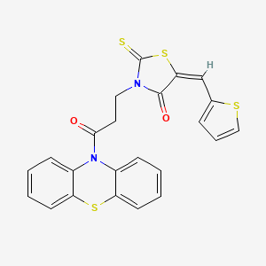 molecular formula C23H16N2O2S4 B11657841 (5E)-3-[3-Oxo-3-(10H-phenothiazin-10-YL)propyl]-2-sulfanylidene-5-[(thiophen-2-YL)methylidene]-1,3-thiazolidin-4-one 