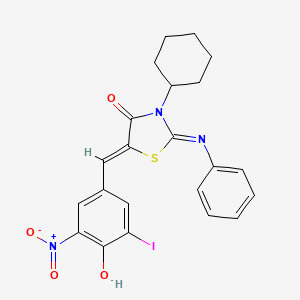 molecular formula C22H20IN3O4S B11657936 (2E,5Z)-3-Cyclohexyl-5-[(4-hydroxy-3-iodo-5-nitrophenyl)methylidene]-2-(phenylimino)-1,3-thiazolidin-4-one 