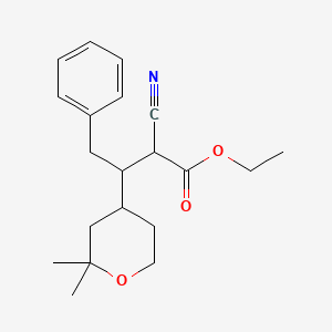 molecular formula C20H27NO3 B11657986 Ethyl 2-cyano-3-(2,2-dimethyloxan-4-yl)-4-phenylbutanoate 