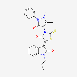 (3Z)-3-[3-(1,5-dimethyl-3-oxo-2-phenyl-2,3-dihydro-1H-pyrazol-4-yl)-4-oxo-2-thioxo-1,3-thiazolidin-5-ylidene]-1-propyl-1,3-dihydro-2H-indol-2-one