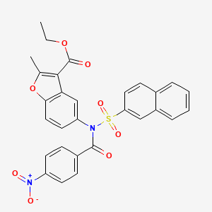 molecular formula C29H22N2O8S B11659365 Ethyl 2-methyl-5-{(naphthalen-2-ylsulfonyl)[(4-nitrophenyl)carbonyl]amino}-1-benzofuran-3-carboxylate 