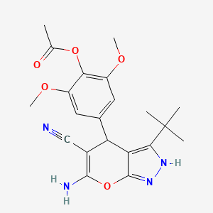 molecular formula C21H24N4O5 B11659459 4-(6-Amino-3-tert-butyl-5-cyano-1,4-dihydropyrano[2,3-c]pyrazol-4-yl)-2,6-dimethoxyphenyl acetate 