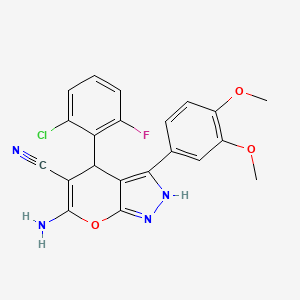 molecular formula C21H16ClFN4O3 B11659528 6-Amino-4-(2-chloro-6-fluorophenyl)-3-(3,4-dimethoxyphenyl)-1,4-dihydropyrano[2,3-c]pyrazole-5-carbonitrile 