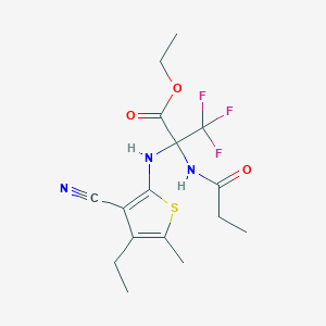 molecular formula C16H20F3N3O3S B11659662 2-(3-Cyano-4-ethyl-5-methyl-thiophen-2-ylamino)-3,3,3-trifluoro-2-propionylamino-propionic acid ethyl ester 