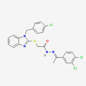 molecular formula C24H19Cl3N4OS B11659712 2-{[1-(4-Chlorobenzyl)-1H-benzimidazol-2-YL]sulfanyl}-N'-[(E)-1-(3,4-dichlorophenyl)ethylidene]acetohydrazide 