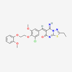 molecular formula C24H23ClN4O5S B11659722 (6Z)-6-{3-chloro-5-methoxy-4-[2-(2-methoxyphenoxy)ethoxy]benzylidene}-2-ethyl-5-imino-5,6-dihydro-7H-[1,3,4]thiadiazolo[3,2-a]pyrimidin-7-one 