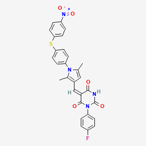 (5E)-5-[(2,5-dimethyl-1-{4-[(4-nitrophenyl)sulfanyl]phenyl}-1H-pyrrol-3-yl)methylidene]-1-(4-fluorophenyl)pyrimidine-2,4,6(1H,3H,5H)-trione