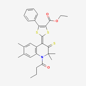 ethyl (2Z)-2-(1-butanoyl-2,2,6,7-tetramethyl-3-thioxo-2,3-dihydroquinolin-4(1H)-ylidene)-5-phenyl-1,3-dithiole-4-carboxylate