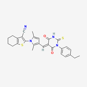 2-(3-{(E)-[1-(4-ethylphenyl)-4,6-dioxo-2-sulfanyl-1,6-dihydropyrimidin-5(4H)-ylidene]methyl}-2,5-dimethyl-1H-pyrrol-1-yl)-4,5,6,7-tetrahydro-1-benzothiophene-3-carbonitrile