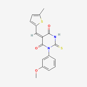 molecular formula C17H14N2O3S2 B11661117 (5E)-1-(3-methoxyphenyl)-5-[(5-methylthiophen-2-yl)methylidene]-2-sulfanylidene-1,3-diazinane-4,6-dione 