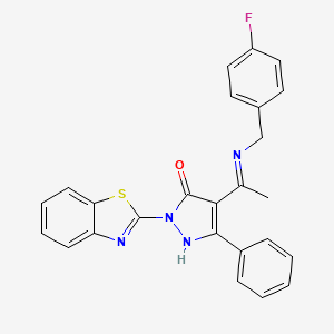 molecular formula C25H19FN4OS B11661143 2-(1,3-benzothiazol-2-yl)-4-[(1E)-N-(4-fluorobenzyl)ethanimidoyl]-5-phenyl-1,2-dihydro-3H-pyrazol-3-one 