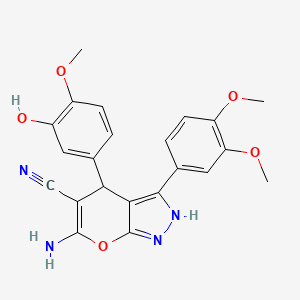 molecular formula C22H20N4O5 B11661252 6-Amino-3-(3,4-dimethoxyphenyl)-4-(3-hydroxy-4-methoxyphenyl)-1,4-dihydropyrano[2,3-c]pyrazole-5-carbonitrile 