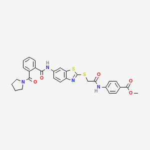 molecular formula C29H26N4O5S2 B11661346 Methyl 4-[({[6-({[2-(pyrrolidin-1-ylcarbonyl)phenyl]carbonyl}amino)-1,3-benzothiazol-2-yl]sulfanyl}acetyl)amino]benzoate 