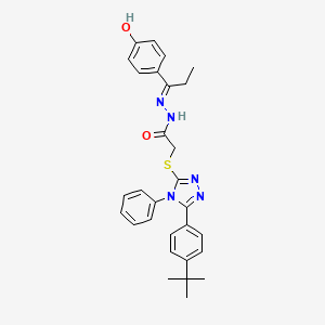 molecular formula C29H31N5O2S B11661516 2-{[5-(4-tert-butylphenyl)-4-phenyl-4H-1,2,4-triazol-3-yl]sulfanyl}-N'-[(1E)-1-(4-hydroxyphenyl)propylidene]acetohydrazide 