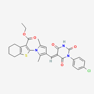 molecular formula C28H26ClN3O5S B11661587 ethyl 2-(3-{(E)-[1-(4-chlorophenyl)-2,4,6-trioxotetrahydropyrimidin-5(2H)-ylidene]methyl}-2,5-dimethyl-1H-pyrrol-1-yl)-4,5,6,7-tetrahydro-1-benzothiophene-3-carboxylate 