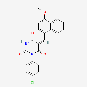 molecular formula C22H15ClN2O4 B11661711 (5E)-1-(4-chlorophenyl)-5-[(4-methoxynaphthalen-1-yl)methylidene]-1,3-diazinane-2,4,6-trione 