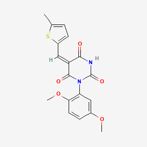 molecular formula C18H16N2O5S B11661728 (5E)-1-(2,5-dimethoxyphenyl)-5-[(5-methylthiophen-2-yl)methylidene]-1,3-diazinane-2,4,6-trione 