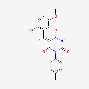 molecular formula C20H18N2O5 B11661910 (5E)-5-[(2,5-dimethoxyphenyl)methylidene]-1-(4-methylphenyl)-1,3-diazinane-2,4,6-trione 