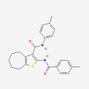 molecular formula C25H26N2O2S B11662138 N-(4-methylphenyl)-2-{[(4-methylphenyl)carbonyl]amino}-5,6,7,8-tetrahydro-4H-cyclohepta[b]thiophene-3-carboxamide 