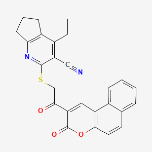 molecular formula C26H20N2O3S B11662145 4-ethyl-2-{[2-oxo-2-(3-oxo-3H-benzo[f]chromen-2-yl)ethyl]sulfanyl}-6,7-dihydro-5H-cyclopenta[b]pyridine-3-carbonitrile 