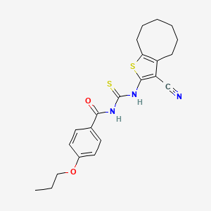 molecular formula C22H25N3O2S2 B11662359 N-[(3-cyano-4,5,6,7,8,9-hexahydrocycloocta[b]thiophen-2-yl)carbamothioyl]-4-propoxybenzamide 