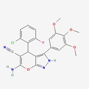 molecular formula C22H18ClFN4O4 B11662369 6-Amino-4-(2-chloro-6-fluorophenyl)-3-(3,4,5-trimethoxyphenyl)-1,4-dihydropyrano[2,3-c]pyrazole-5-carbonitrile 