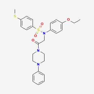 molecular formula C27H31N3O4S2 B11662516 N-(4-Ethoxyphenyl)-4-(methylsulfanyl)-N-[2-oxo-2-(4-phenylpiperazin-1-YL)ethyl]benzenesulfonamide 