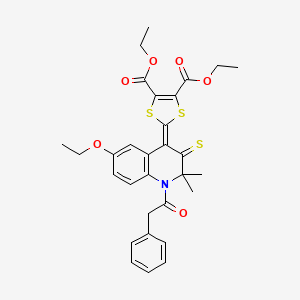 molecular formula C30H31NO6S3 B11662617 diethyl 2-[6-ethoxy-2,2-dimethyl-1-(phenylacetyl)-3-thioxo-2,3-dihydroquinolin-4(1H)-ylidene]-1,3-dithiole-4,5-dicarboxylate 