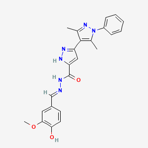 molecular formula C23H22N6O3 B11662643 N'-[(1E)-(4-hydroxy-3-methoxyphenyl)methylene]-3',5'-dimethyl-1'-phenyl-1H,1'H-3,4'-bipyrazole-5-carbohydrazide 