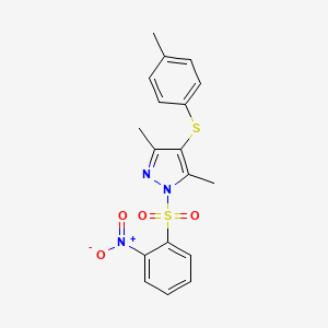 molecular formula C18H17N3O4S2 B11662669 3,5-dimethyl-4-[(4-methylphenyl)thio]-1-[(2-nitrophenyl)sulfonyl]-1H-pyrazole 