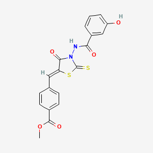 molecular formula C19H14N2O5S2 B11662680 methyl 4-((Z)-{3-[(3-hydroxybenzoyl)amino]-4-oxo-2-thioxo-1,3-thiazolidin-5-ylidene}methyl)benzoate 