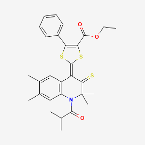 molecular formula C29H31NO3S3 B11662708 ethyl (2Z)-5-phenyl-2-[2,2,6,7-tetramethyl-1-(2-methylpropanoyl)-3-thioxo-2,3-dihydroquinolin-4(1H)-ylidene]-1,3-dithiole-4-carboxylate 