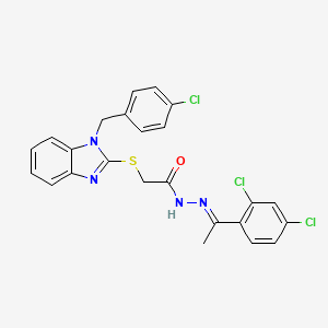 molecular formula C24H19Cl3N4OS B11662764 2-{[1-(4-Chlorobenzyl)-1H-benzimidazol-2-YL]sulfanyl}-N'-[(E)-1-(2,4-dichlorophenyl)ethylidene]acetohydrazide 