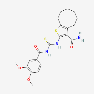 molecular formula C21H25N3O4S2 B11663253 2-({[(3,4-Dimethoxyphenyl)carbonyl]carbamothioyl}amino)-4,5,6,7,8,9-hexahydrocycloocta[b]thiophene-3-carboxamide 