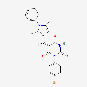 molecular formula C23H18BrN3O3 B11663395 (5E)-3-(4-bromophenyl)-5-[(2,5-dimethyl-1-phenyl-1H-pyrrol-3-yl)methylidene]-6-hydroxypyrimidine-2,4(3H,5H)-dione 