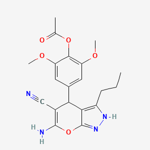 molecular formula C20H22N4O5 B11663491 4-(6-Amino-5-cyano-3-propyl-1,4-dihydropyrano[2,3-c]pyrazol-4-yl)-2,6-dimethoxyphenyl acetate 