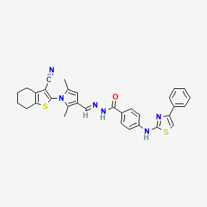 molecular formula C32H28N6OS2 B11663537 N'-[(E)-[1-(3-Cyano-4,5,6,7-tetrahydro-1-benzothiophen-2-YL)-2,5-dimethyl-1H-pyrrol-3-YL]methylidene]-4-[(4-phenyl-1,3-thiazol-2-YL)amino]benzohydrazide 