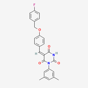 molecular formula C26H21FN2O4 B11663539 (5E)-1-(3,5-dimethylphenyl)-5-{4-[(4-fluorobenzyl)oxy]benzylidene}pyrimidine-2,4,6(1H,3H,5H)-trione 