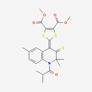 molecular formula C23H25NO5S3 B11663656 dimethyl 2-[2,2,6-trimethyl-1-(2-methylpropanoyl)-3-thioxo-2,3-dihydroquinolin-4(1H)-ylidene]-1,3-dithiole-4,5-dicarboxylate 