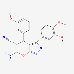 molecular formula C21H18N4O4 B11663709 6-Amino-3-(3,4-dimethoxyphenyl)-4-(3-hydroxyphenyl)-1,4-dihydropyrano[2,3-c]pyrazole-5-carbonitrile 